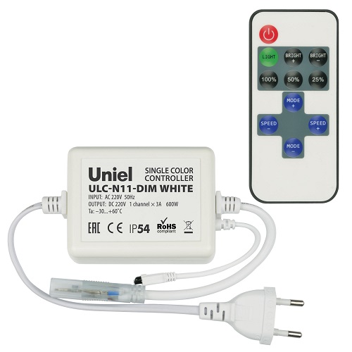 Диммер для светодиодной ленты Uniel ULC-N11-DIM WHITE 220В 2,7А 600Вт ПДУ IP20 Пластик фото Диммер для светодиодной ленты Uniel ULC-N11-DIM WHITE 220В 2,7А 600Вт ПДУ IP20 Пластик картинка